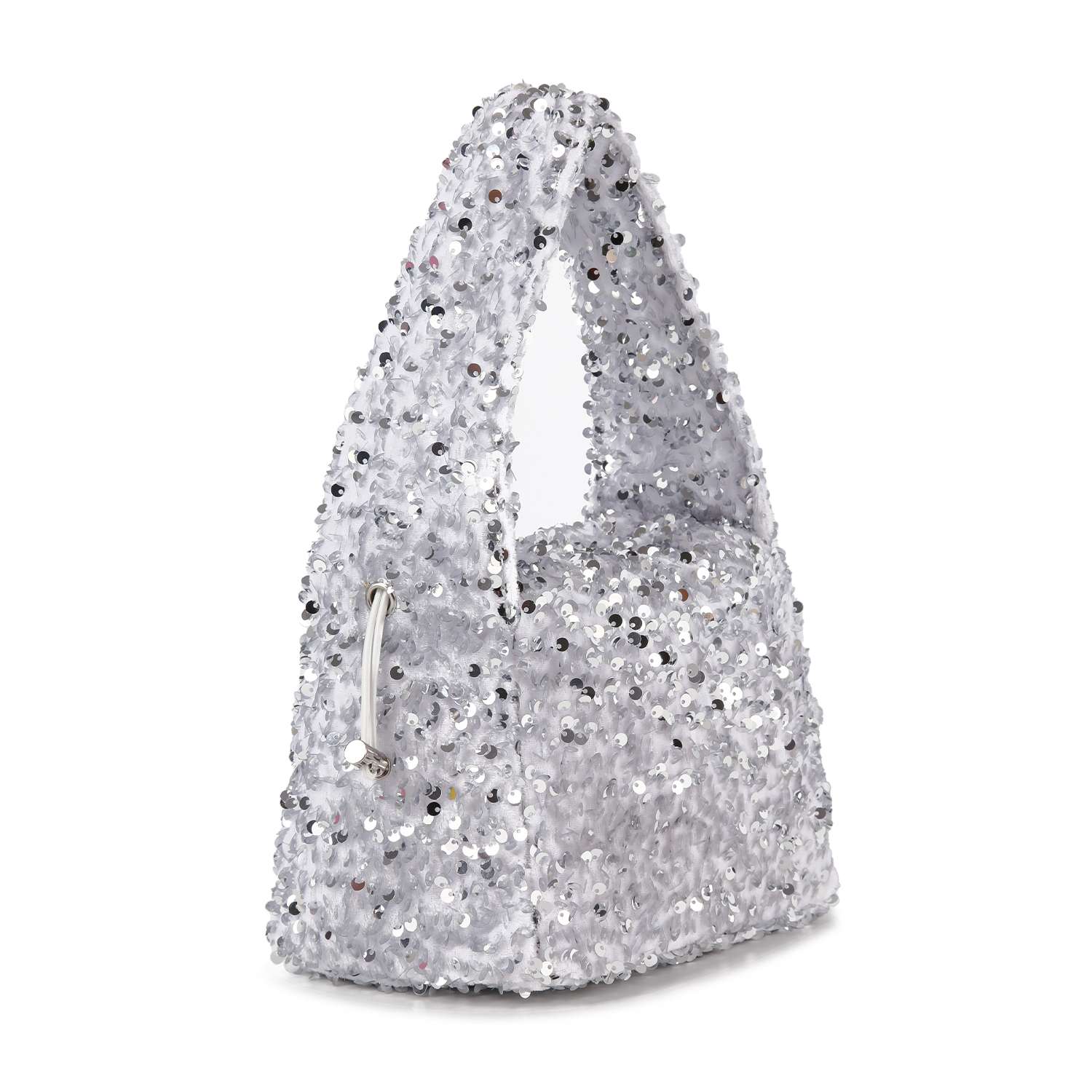 The Sequin Covered Dazzling Evening Bag is a small, structured silver handbag featuring a single wide strap and side metallic clasp. Perfect for adding sparkle to any outfit, it’s displayed on a plain white background.