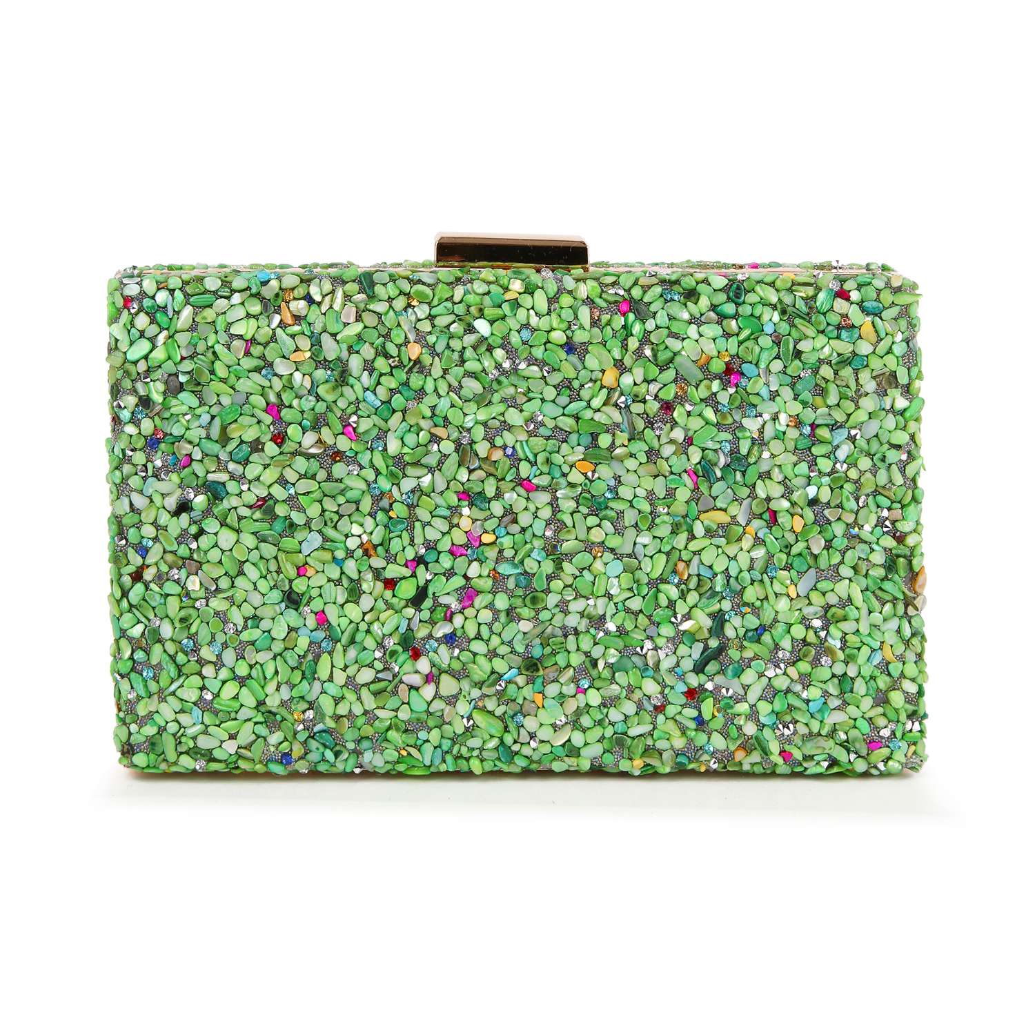 The Colorful Stone Patterned Evening Bag features a rectangular shape adorned with small, irregular green stones accented by pink, yellow, and blue. It has a simple metal clasp on top and a detachable chain strap for versatile styling.