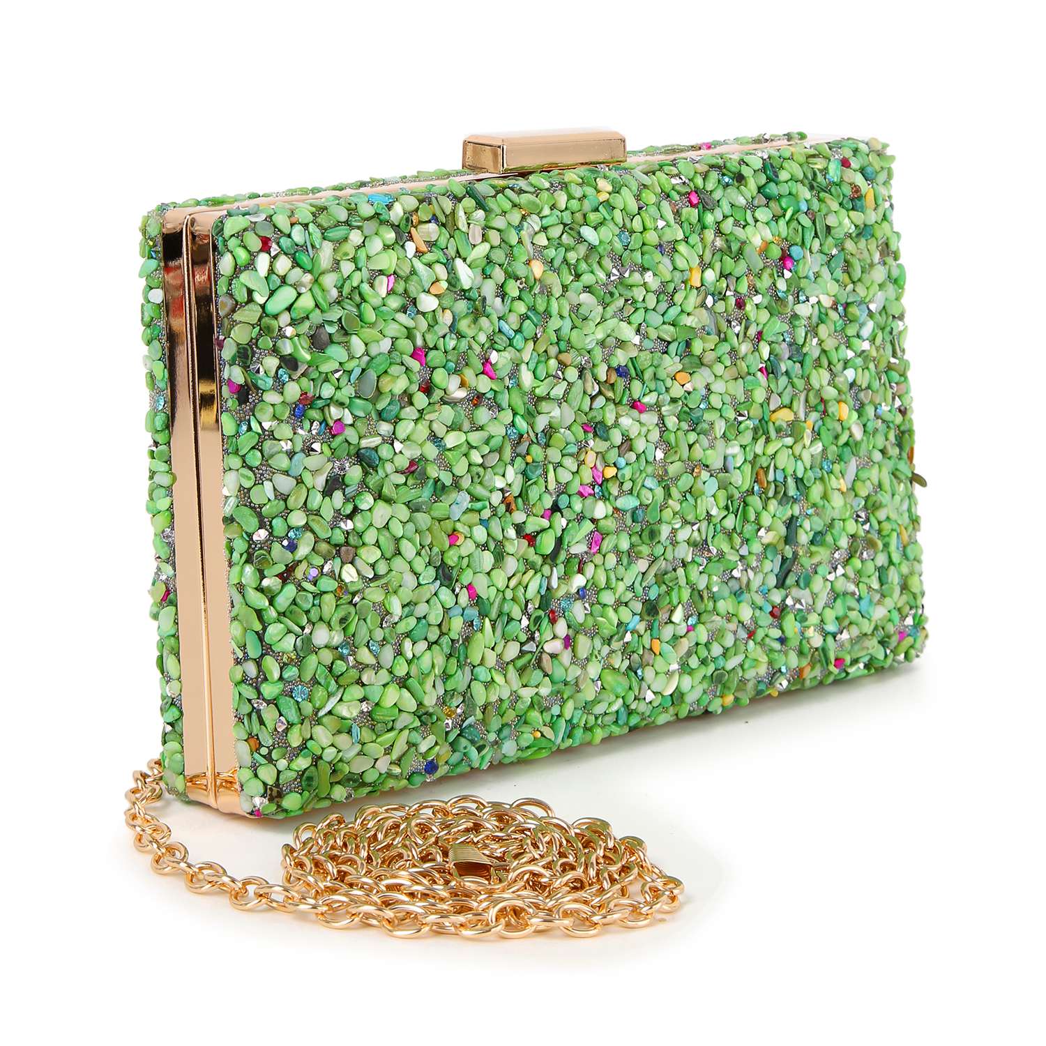 The Colorful Stone Patterned Evening Bag features a rectangular shape with multicolored green stones, gold metal edges, a top clasp, and a gold chain strap—perfect for adding sparkle to your look.