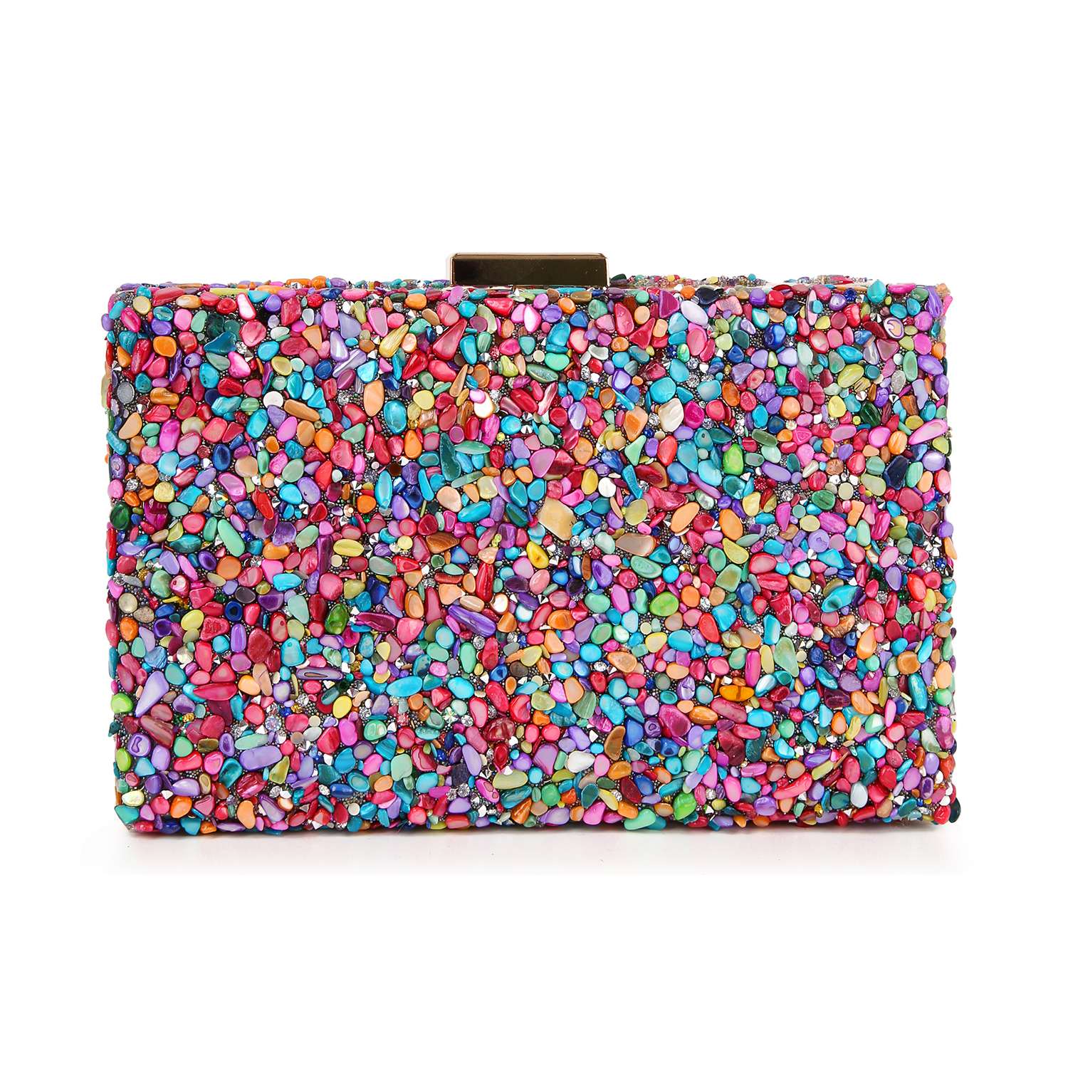 The Colorful Stone Patterned Evening Bag features a rectangular shape, vibrant beadwork in pink, blue, purple, yellow, and green, a gold top clasp, and an elegant chain strap for versatile styling.