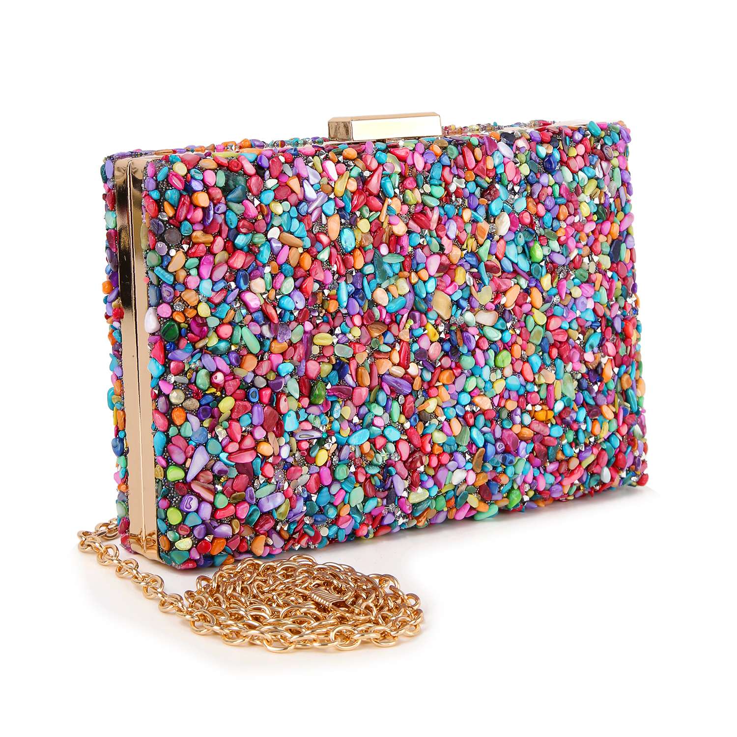 The Colorful Stone Patterned Evening Bag features a rectangular shape, vibrant multicolored beads, a gold clasp, and chain strap, displayed against a white background.