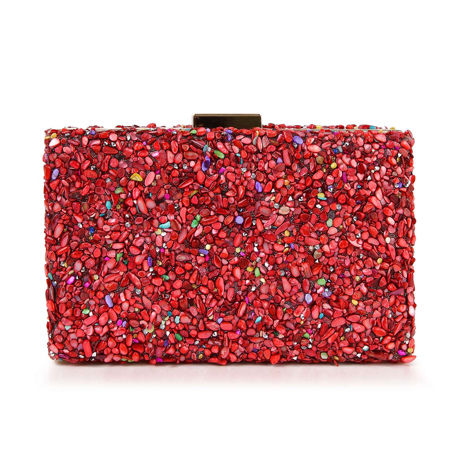 The Colorful Stone Patterned Evening Bag is a rectangular clutch purse adorned with red, pink, and multicolored stones, featuring a gold clasp and detachable chain strap, shown against a white background.