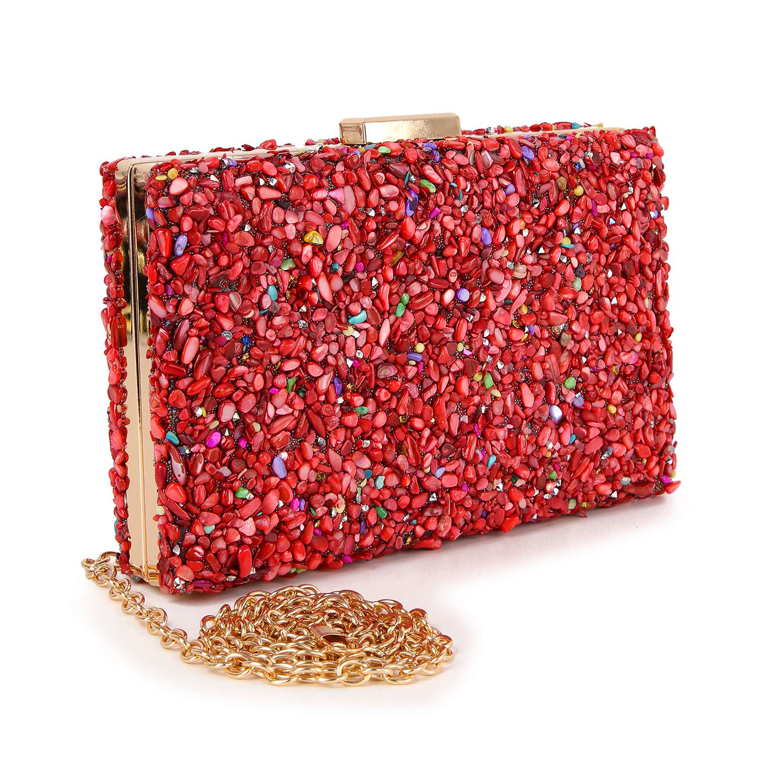 The Colorful Stone Patterned Evening Bag is a rectangular clutch with red and multicolored stones, gold edging, a gold chain strap, and luxe faux leather for an elegant look.