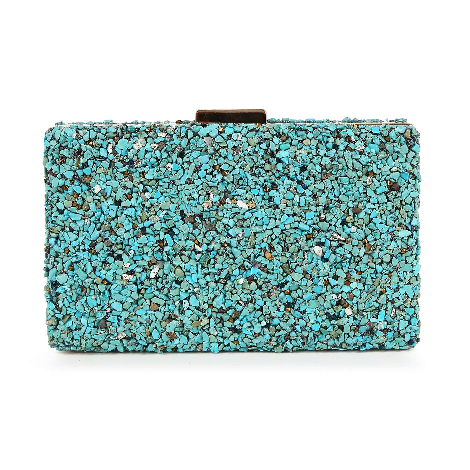The Colorful Stone Patterned Evening Bag features a rectangular design covered in small, irregular turquoise stones for a mosaic look. It includes a gold top clasp and comes with a chain strap for versatile carrying options.
