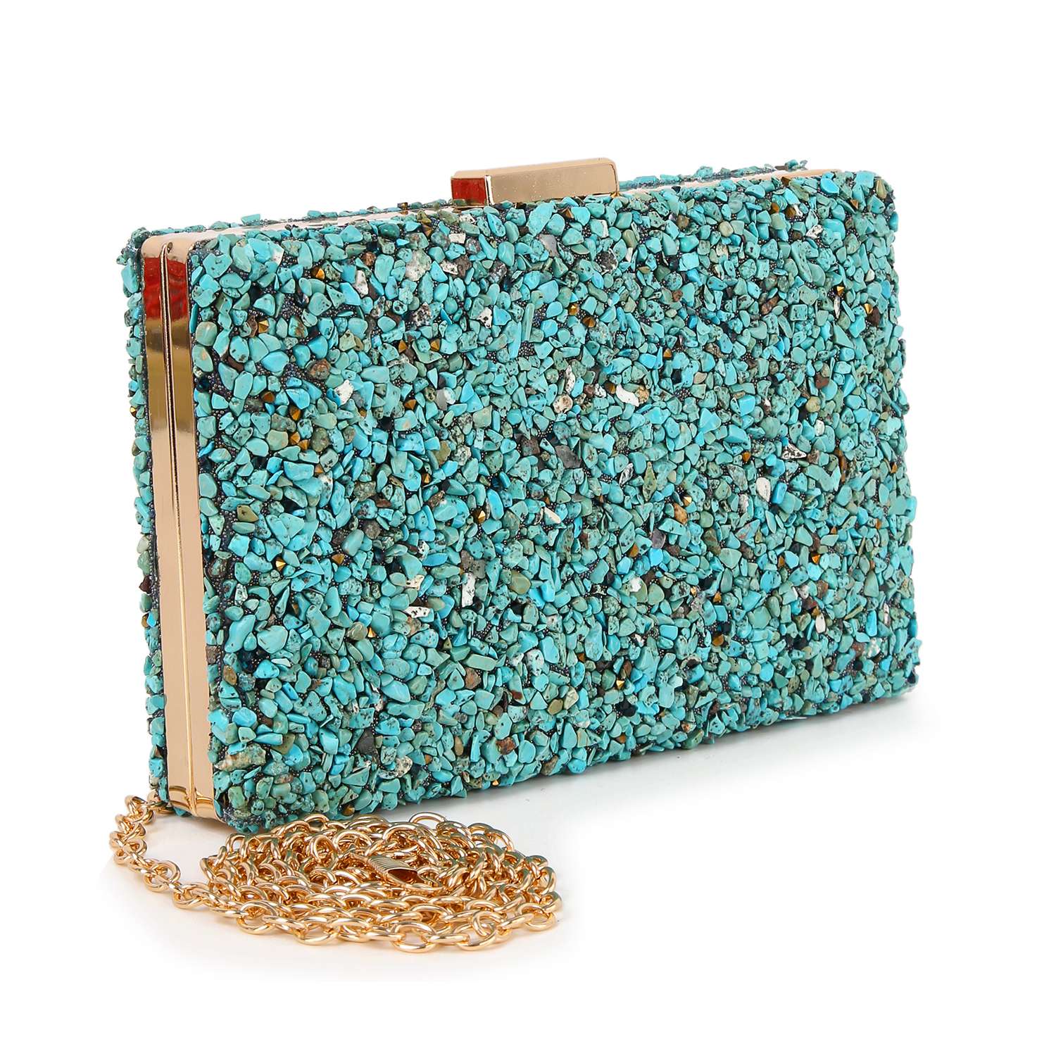 The Colorful Stone Patterned Evening Bag features turquoise stone chips, gold trim, and a gold chain strap. Displayed on a white background, its interior is crafted from smooth faux leather for added elegance.