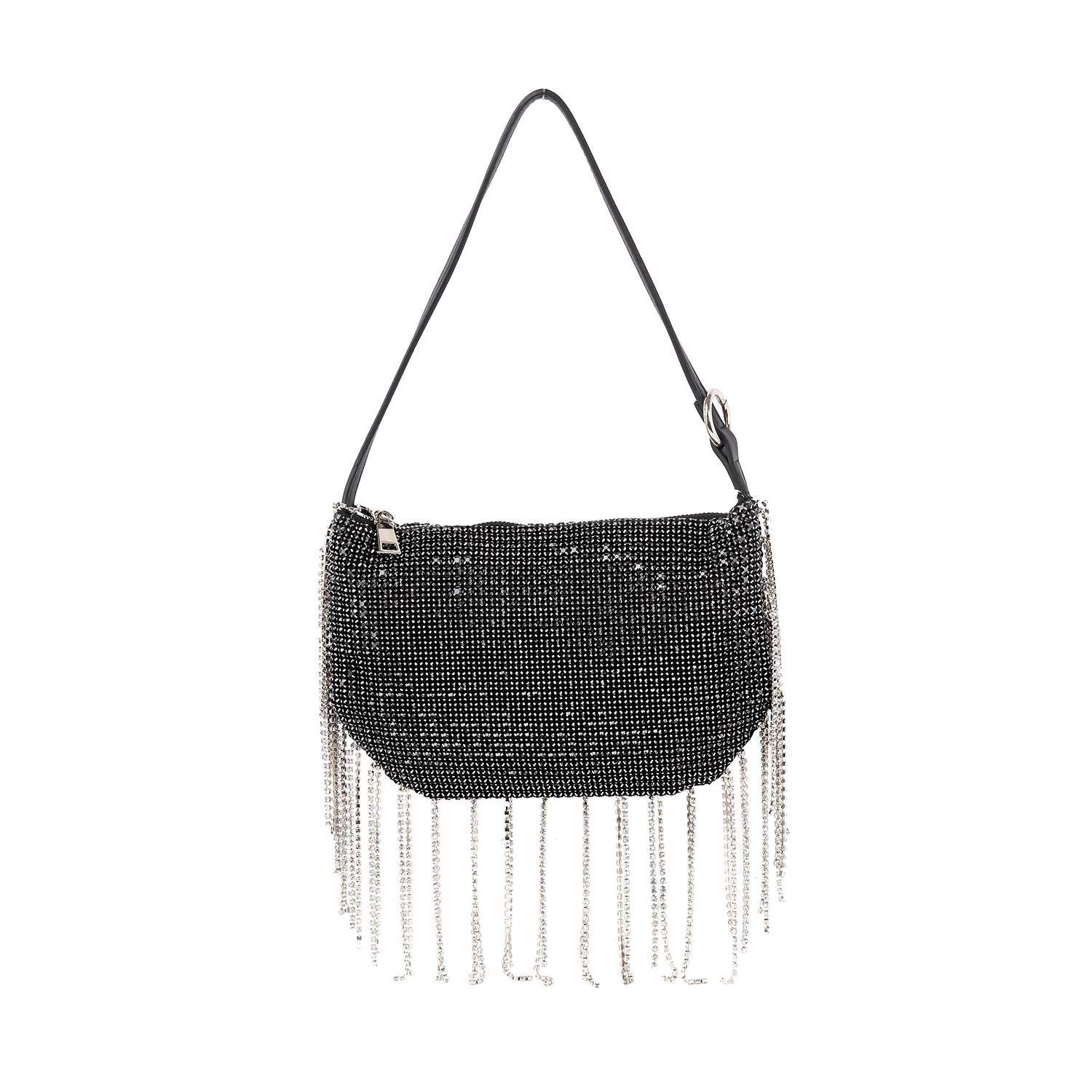 The Beaded Fringe Rhinestone Shoulder Bag is a black shoulder bag featuring glistening crystals, long silver chain fringe at the bottom, a single strap, and a small buckle detail on one side.
