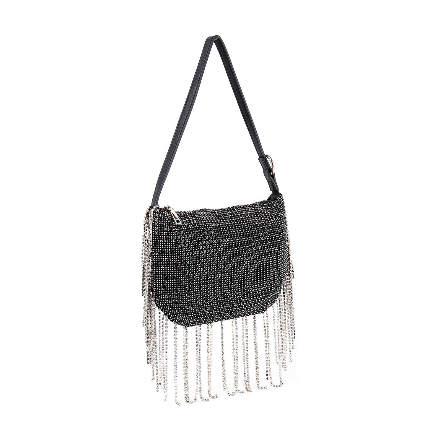 The Beaded Fringe Rhinestone Shoulder Bag is a black shoulder bag decorated with sparkling crystals and long silver beaded fringe, shown on a white background.