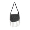 The Beaded Fringe Rhinestone Shoulder Bag is a black shoulder bag decorated with sparkling crystals and long silver beaded fringe, shown on a white background.