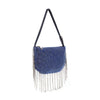 The Beaded Fringe Rhinestone Shoulder Bag is blue with sparkling crystals, a black strap, and long silver beaded fringe draping from the bottom and sides.