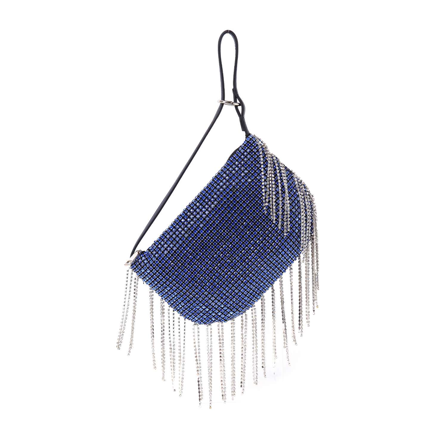 The Beaded Fringe Rhinestone Shoulder Bag features blue beads, silver-tone chain beaded fringe on the bottom and side, and a black strap, shown against a white background.