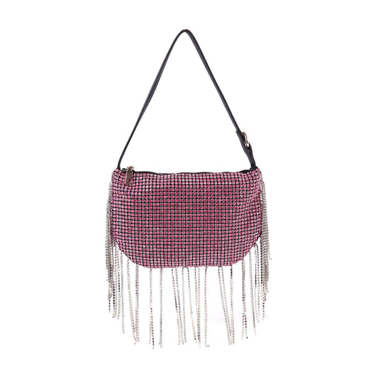 The Beaded Fringe Rhinestone Shoulder Bag features pink and silver rhinestones, a black strap, and long silver chain beaded fringe on the bottom and sides, shown against a white background.
