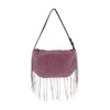 The Beaded Fringe Rhinestone Shoulder Bag features pink and silver rhinestones, a black strap, and long silver chain beaded fringe on the bottom and sides, shown against a white background.