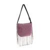 The Beaded Fringe Rhinestone Shoulder Bag has a black strap, pink and silver sparkling crystals, and long beaded silver chain fringe on the bottom and sides.