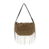 The Beaded Fringe Rhinestone Shoulder Bag is a gold shoulder bag with glistening crystals, a black strap, and long silver beaded fringe along both sides and the bottom.