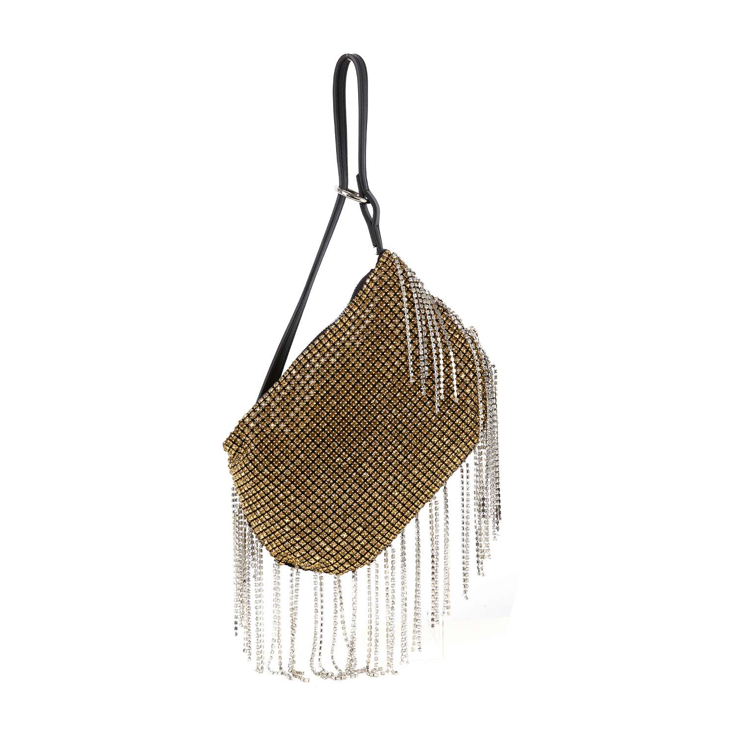 The Beaded Fringe Rhinestone Shoulder Bag features gold mesh, sparkling crystals, silver beaded fringe, and a black adjustable strap, shown on a white background.