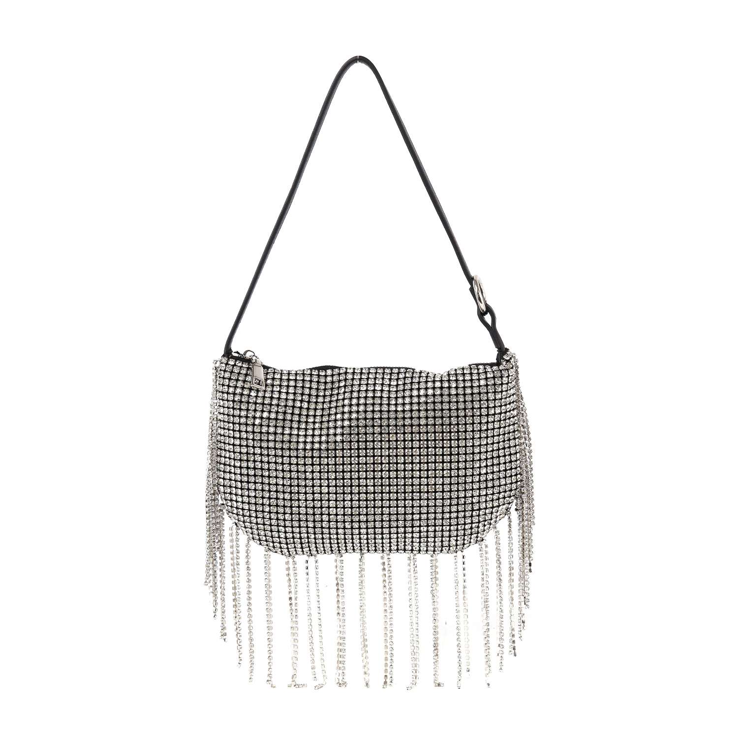 The Beaded Fringe Rhinestone Shoulder Bag dazzles with sparkling rhinestones, glistening crystals, a black strap, and elegant long beaded fringe that sways gracefully along the bottom.