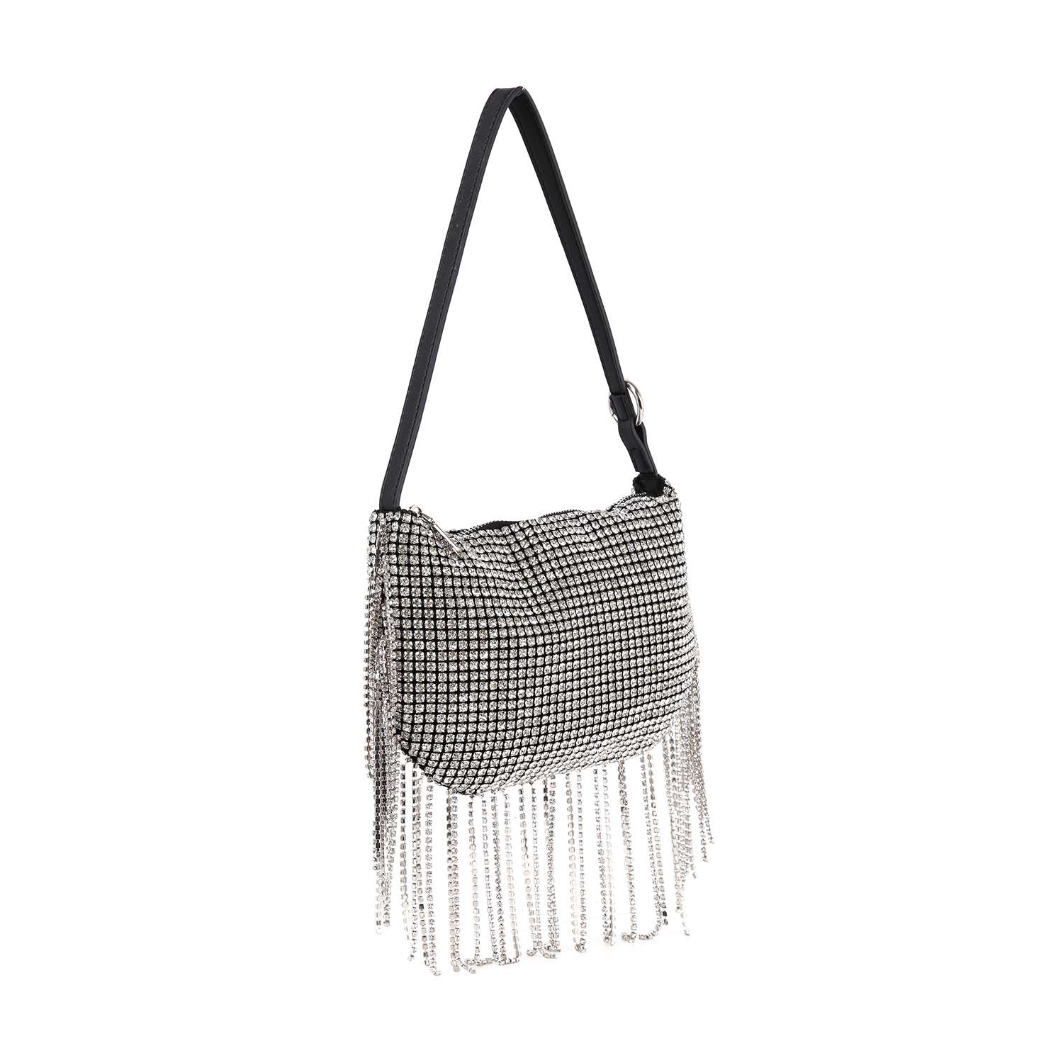 The Beaded Fringe Rhinestone Shoulder Bag features a black strap, sparkling crystals, and long, beaded fringe detailing along the bottom and sides.