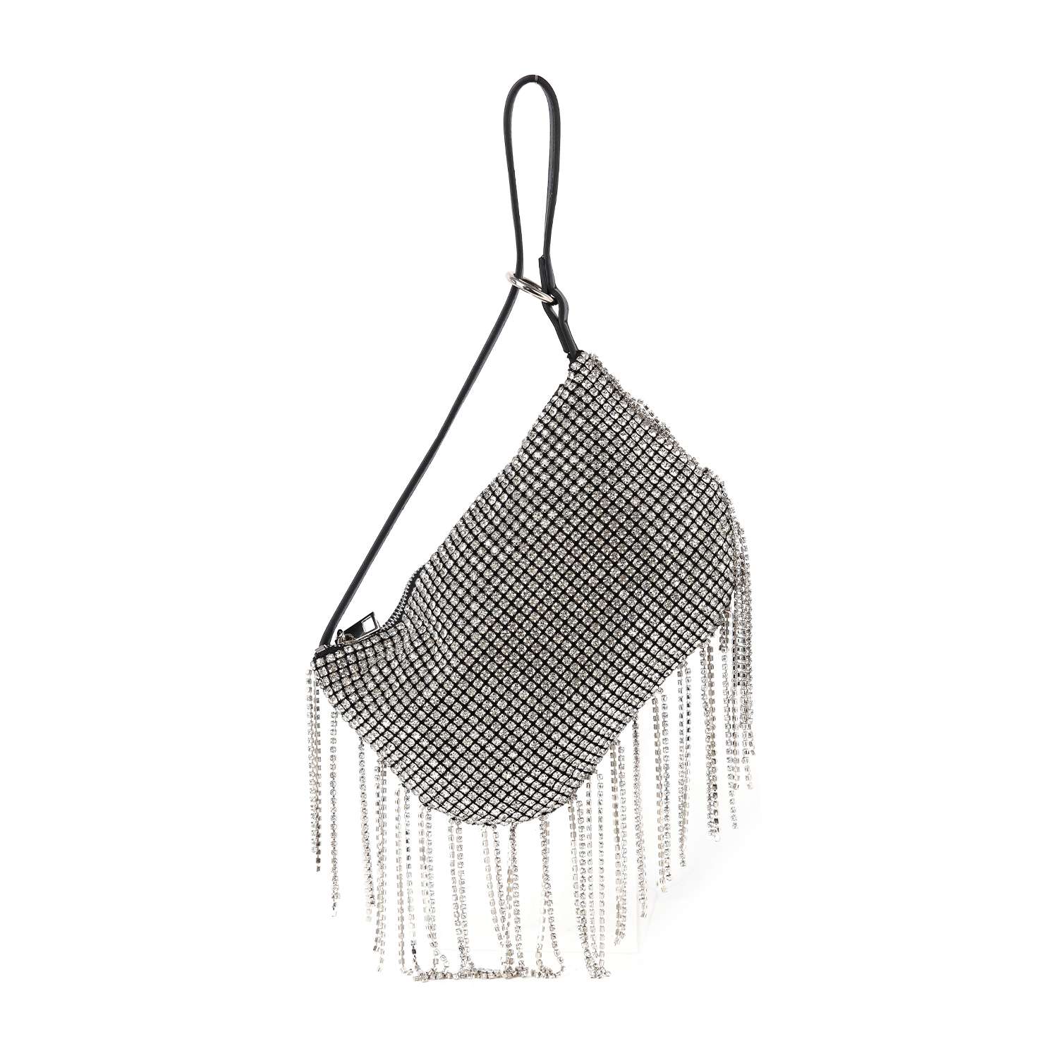 The Beaded Fringe Rhinestone Shoulder Bag is a small silver bag with a black strap and long, beaded crystal fringe along the bottom, studded with rhinestones and displayed against a white background.