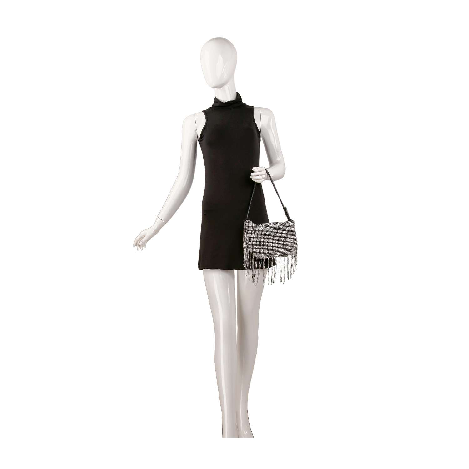 A mannequin in a sleeveless black mini dress holds the Beaded Fringe Rhinestone Shoulder Bag, featuring gray color and beaded fringe, standing against a white background.