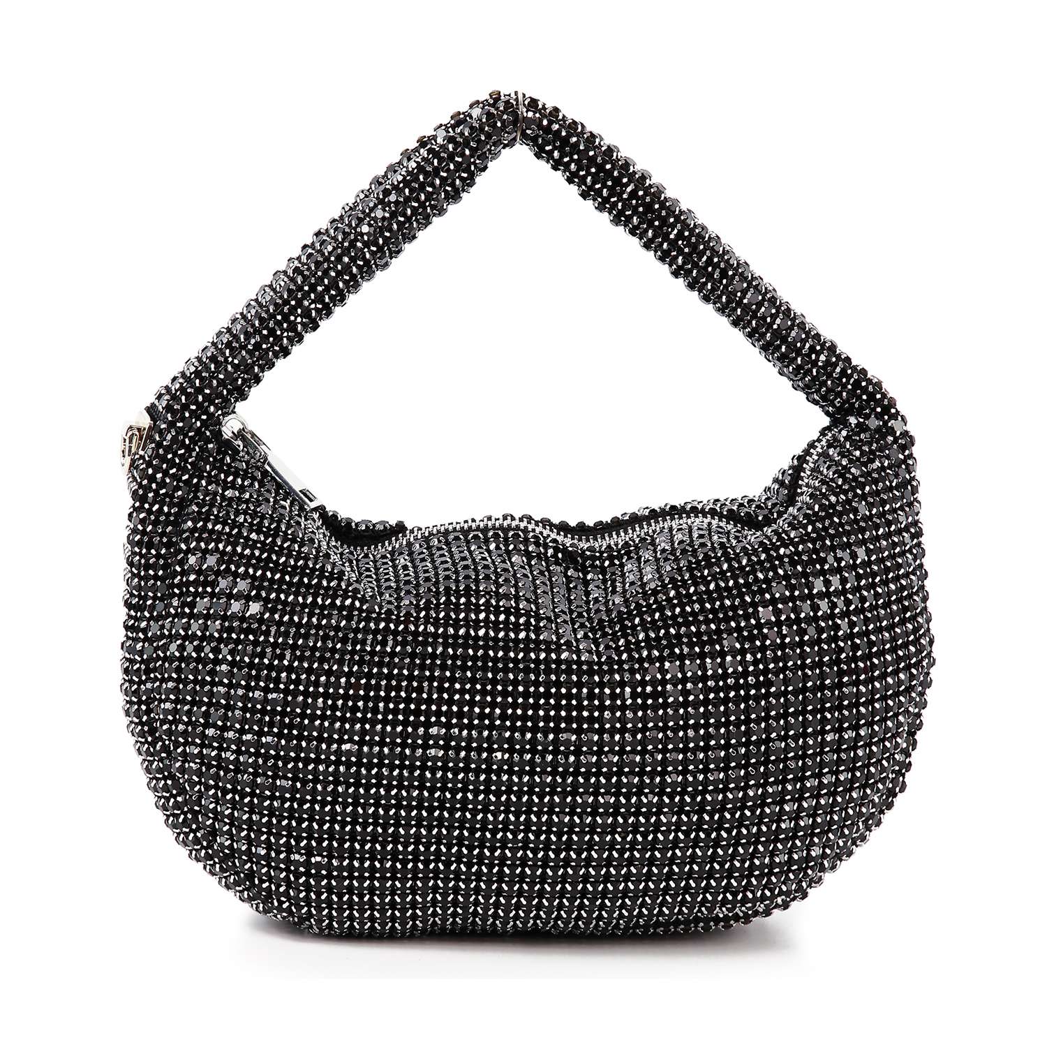 The Rhinestone Bling Hobo Handbag is a small, rounded bag adorned with sparkling black and silver beads. It features a short beaded handle, a detachable chain strap, and is showcased against a white background.