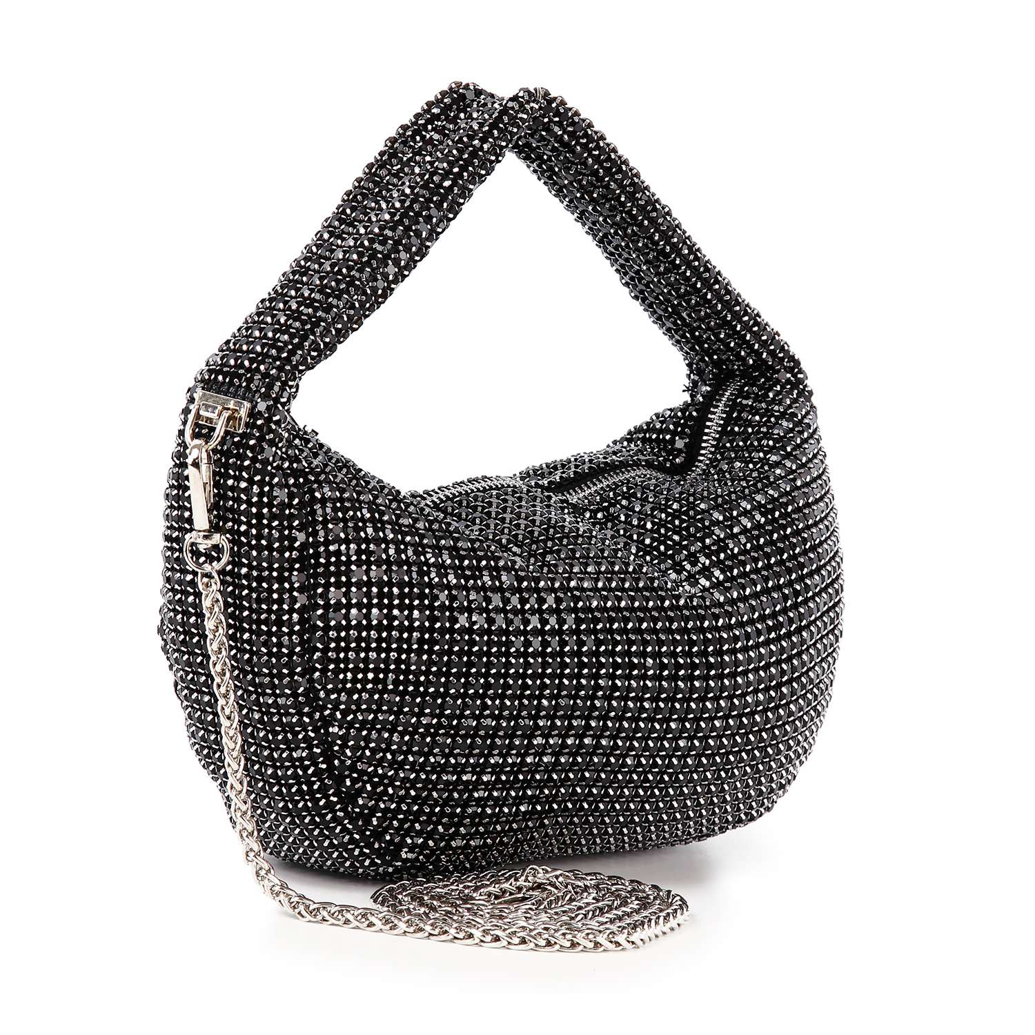 The Rhinestone Bling Hobo Handbag is a black faux leather bag adorned with small rhinestones, featuring a thick handle and a detachable chain strap draped stylishly in front.