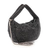 The Rhinestone Bling Hobo Handbag is a black faux leather bag adorned with small rhinestones, featuring a thick handle and a detachable chain strap draped stylishly in front.