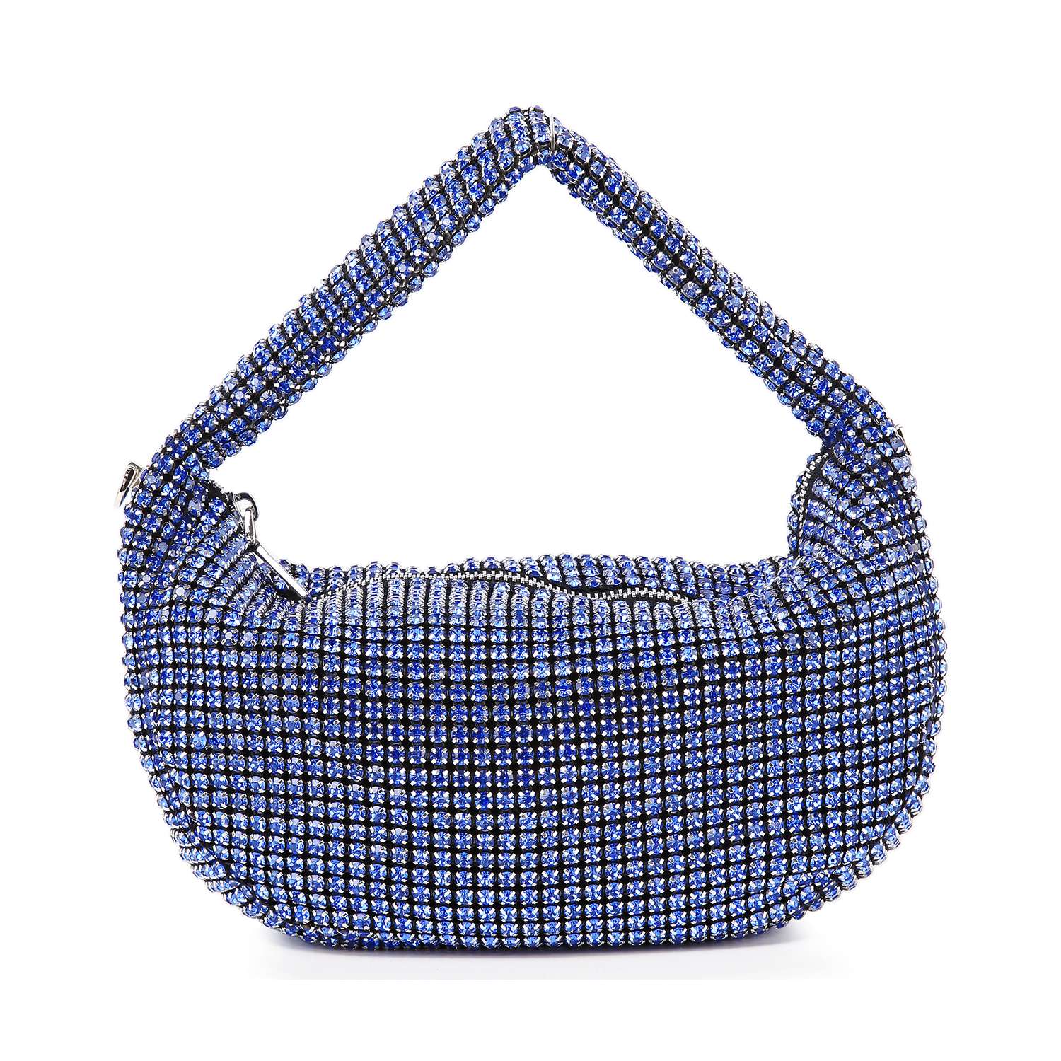 The Rhinestone Bling Hobo Handbag is a small, crescent-shaped bag covered in sparkling blue rhinestones, with a thick matching handle, rounded silhouette, and a detachable chain strap for versatile styling.