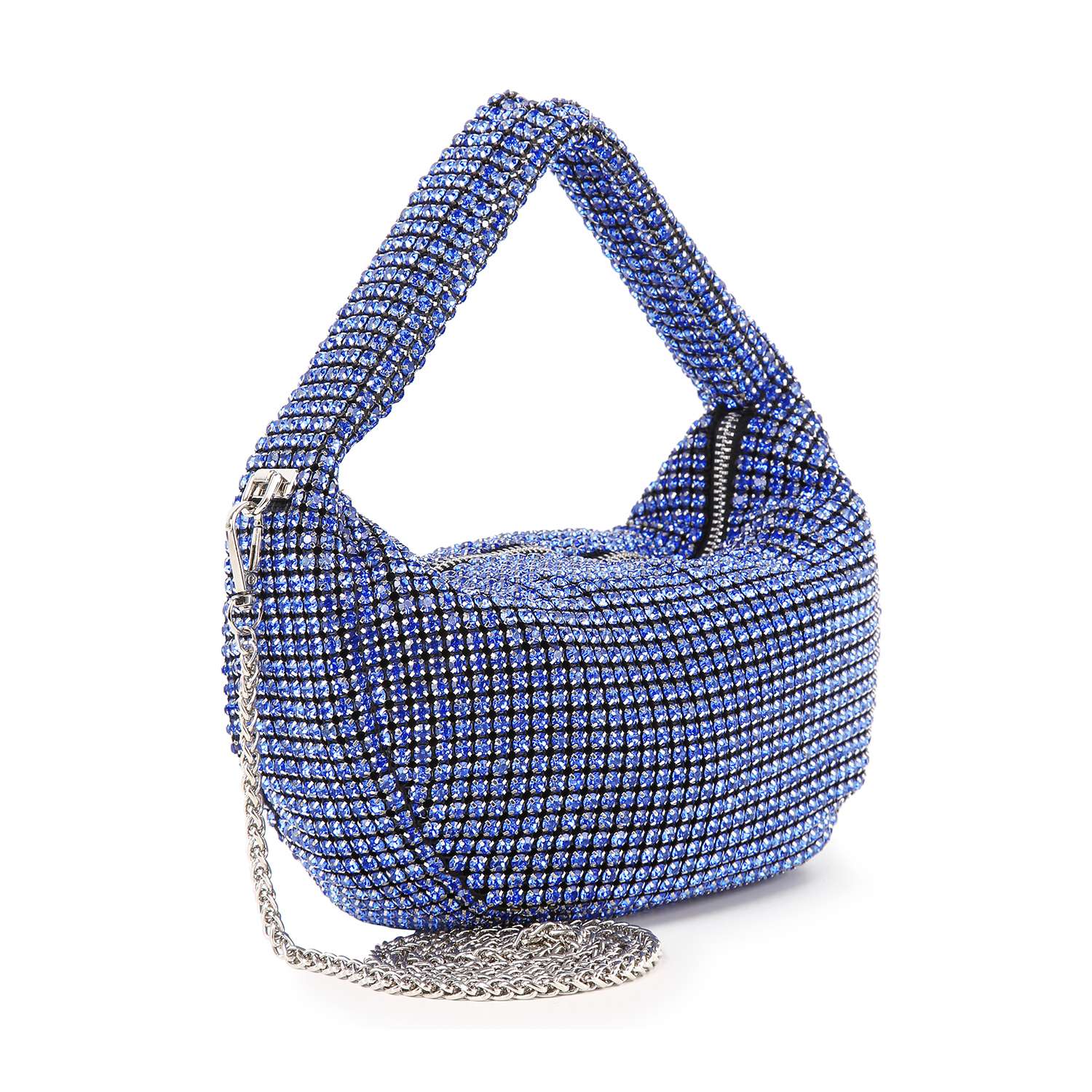 The Rhinestone Bling Hobo Handbag is a small bag adorned with blue and silver rhinestones, featuring a thick handle, faux leather accents, and a detachable chain strap. Shown on a white background.