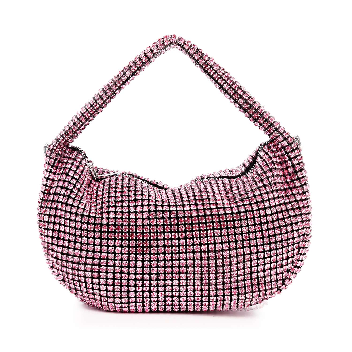 The Rhinestone Bling Hobo Handbag features sparkling pink rhinestones, a matching short handle, and a detachable chain strap, shown on a white background.