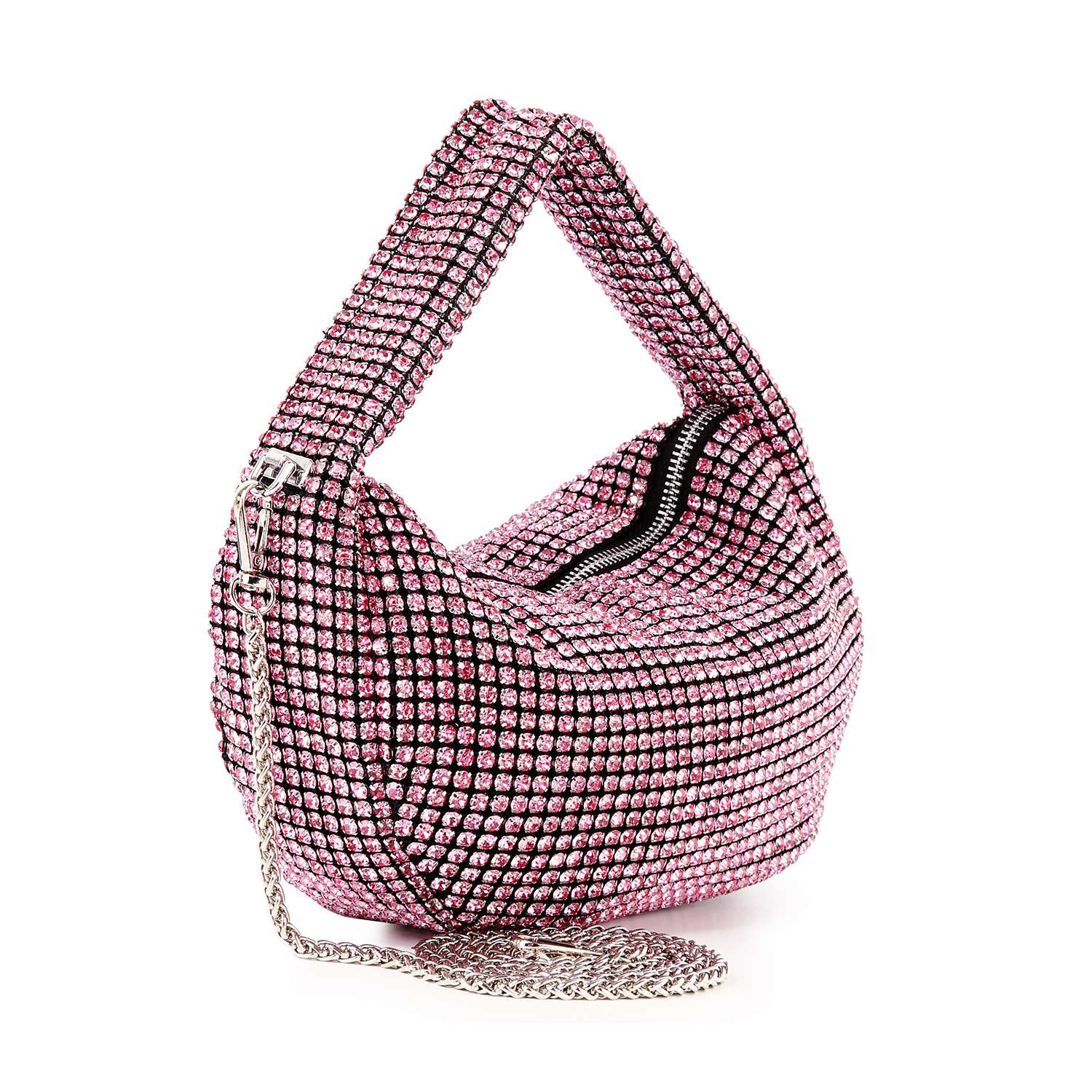 The Rhinestone Bling Hobo Handbag is a small pink bag with sparkling rhinestones, a structured handle, zippered closure, and a detachable chain strap—ideal for adding a touch of glamour to your outfit.