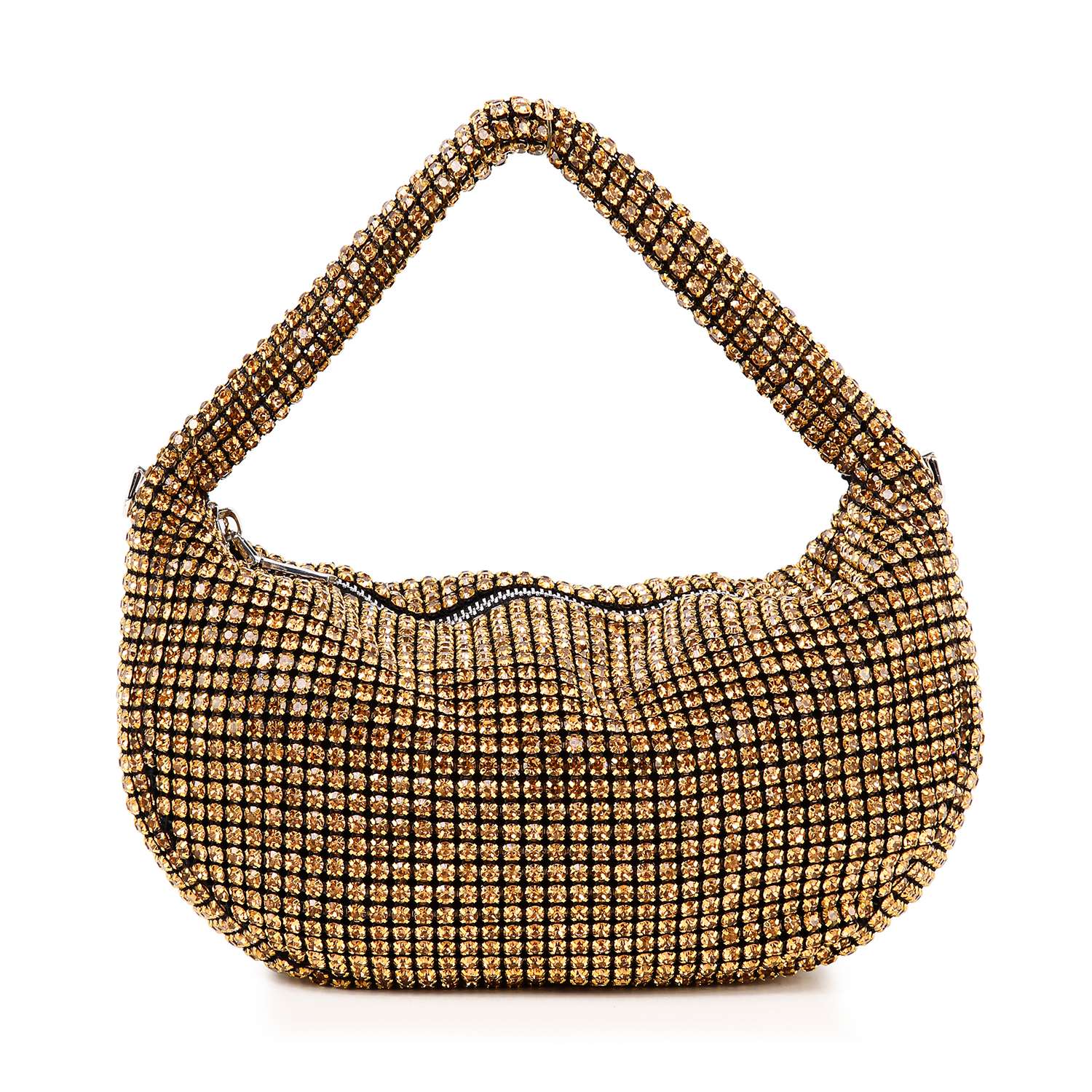 The Rhinestone Bling Hobo Handbag features gold faux leather, a curved shape, wide handle, shimmering gold rhinestones, and a detachable chain strap. Displayed on a white background.