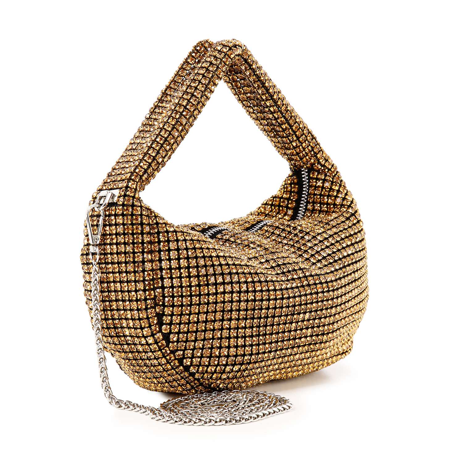 The Rhinestone Bling Hobo Handbag is a small, gold faux leather bag with rhinestones, featuring a short handle and detachable silver chain strap, shown against a white background.