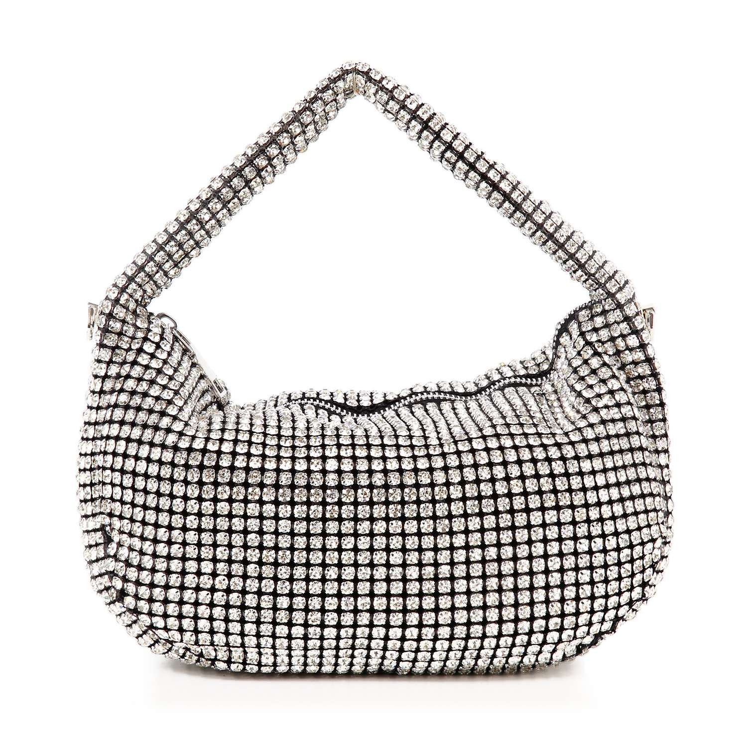 The Rhinestone Bling Hobo Handbag is a small, rounded faux leather bag with a single handle, embellished with silver rhinestones and shown against a white background.