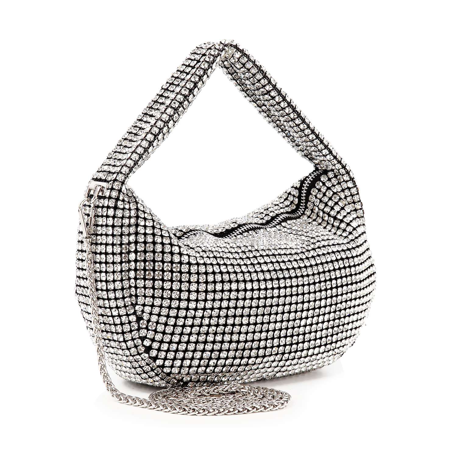The Rhinestone Bling Hobo Handbag is a small, crescent-shaped bag with soft structure, faux leather accents, a short top handle, and a detachable chain strap for versatile styling.
