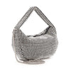 The Rhinestone Bling Hobo Handbag is a small, crescent-shaped bag with soft structure, faux leather accents, a short top handle, and a detachable chain strap for versatile styling.