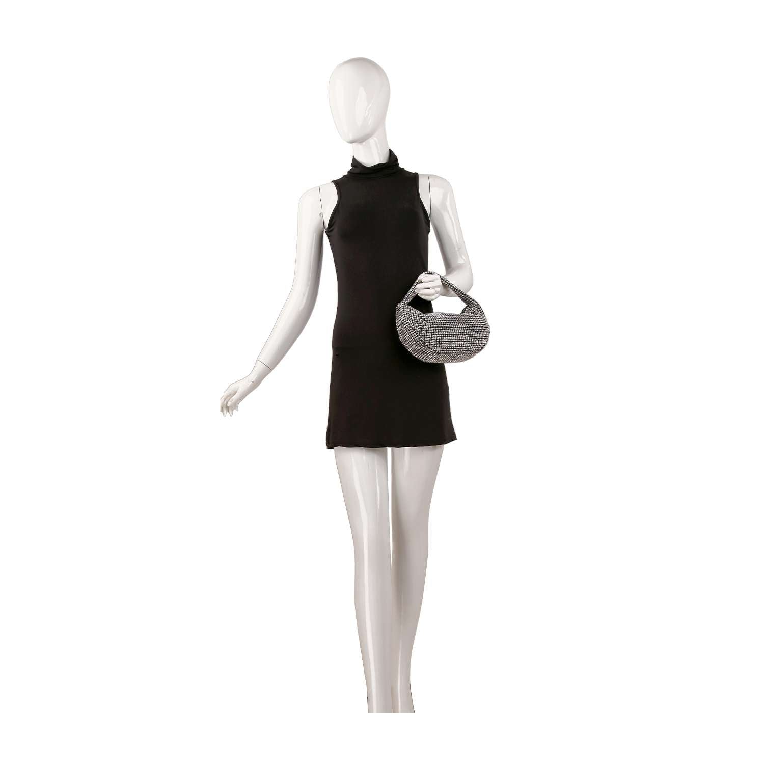 A mannequin in a sleeveless black mini dress holds the Rhinestone Bling Hobo Handbag with a detachable chain strap, posed against a plain white background.