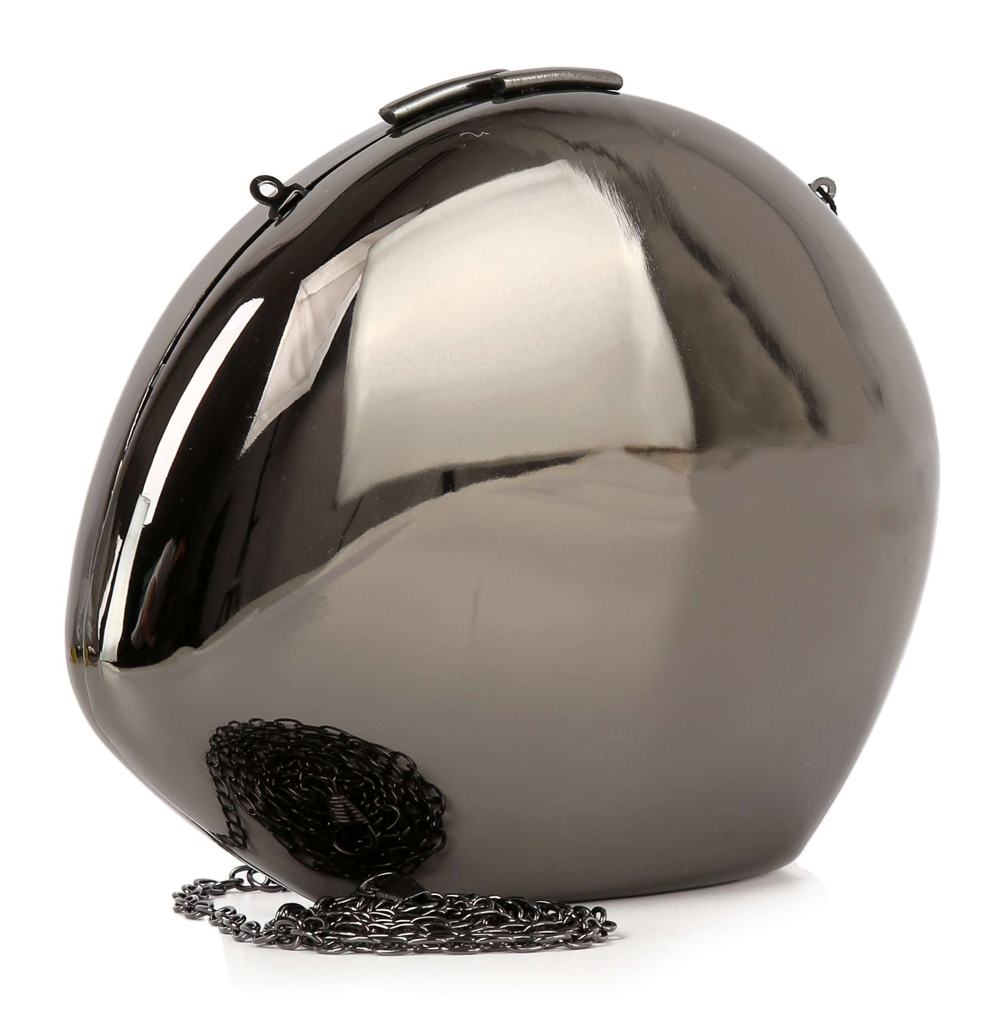 The Modern Patent Shoulder Bag features a shiny metallic oval hard shell and a black chain strap, displayed against a white background.