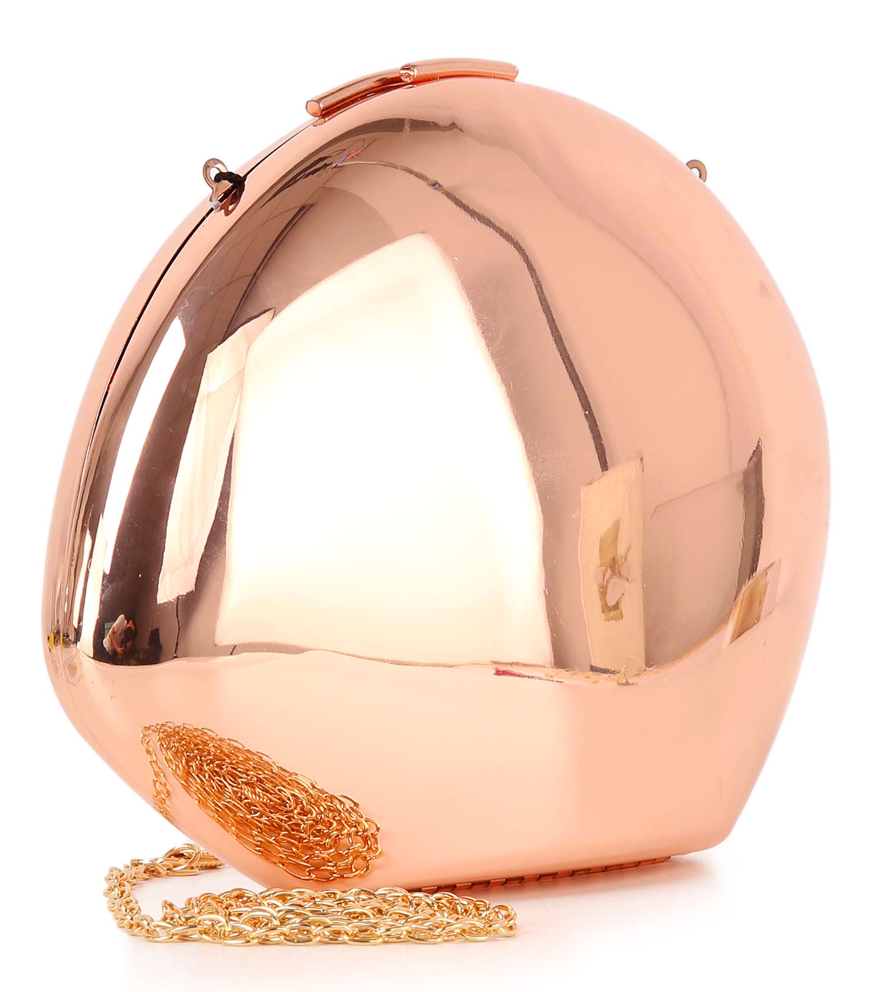 The Modern Patent Shoulder Bag features a shiny, rose gold, dome-shaped design with a gold chain strap coiled at its base, displayed against a white background.