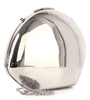 The Modern Patent Shoulder Bag, a shiny silver oval-shaped handbag with a metallic chain, is displayed in front of a plain white background, showcasing its contemporary elegance.