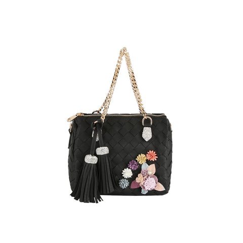 Floral And Rhinestone Accented Woven Satchel