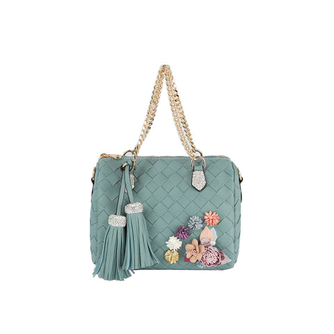 Floral And Rhinestone Accented Woven Satchel