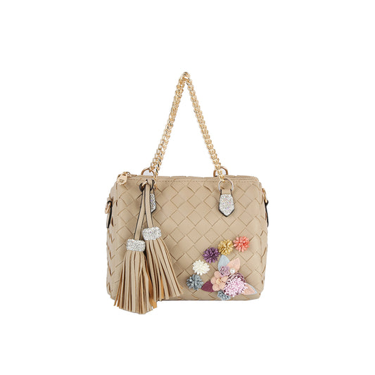 Floral And Rhinestone Accented Woven Satchel