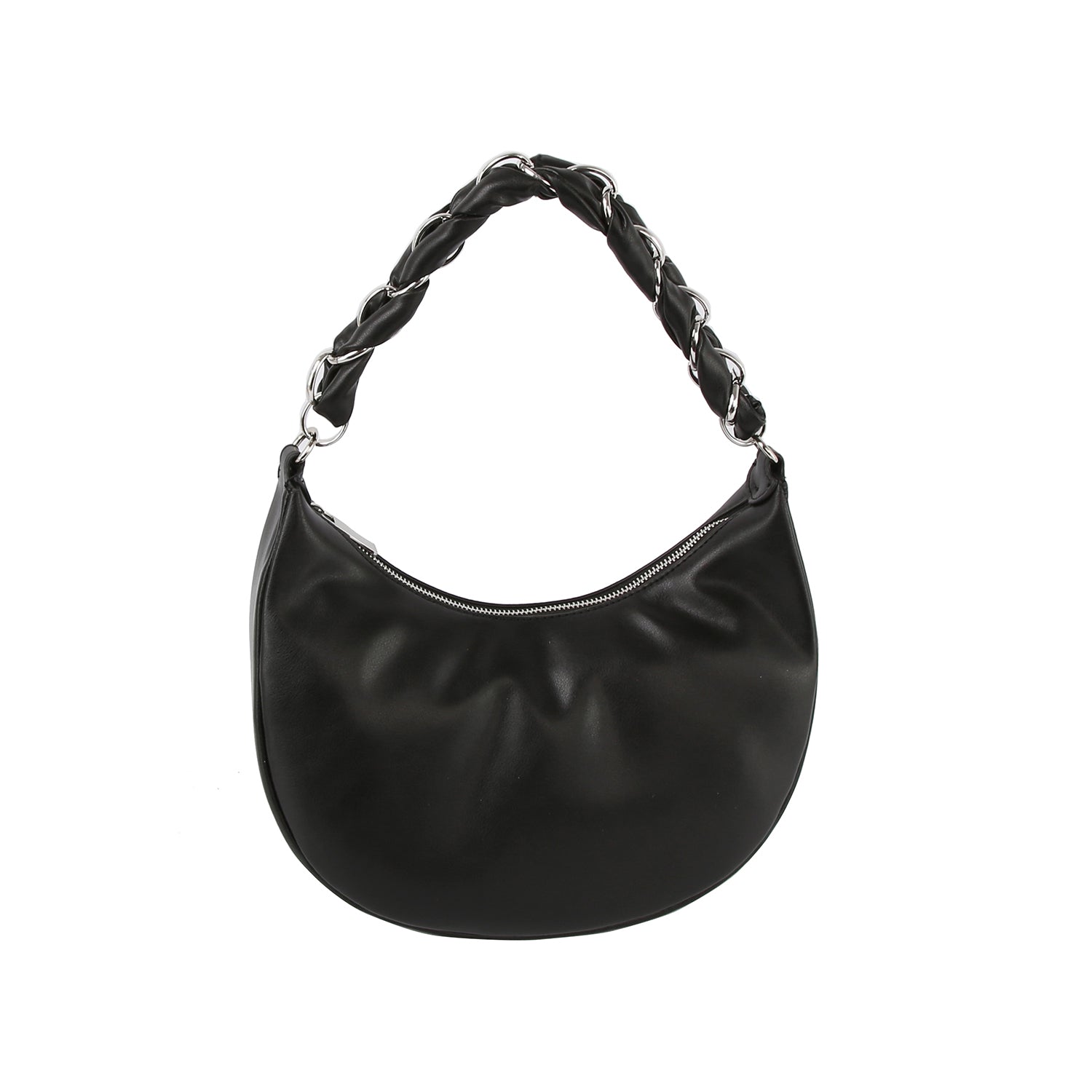 The Decorative Braided Handle Hobo Handbag is a black crescent-shaped faux leather bag with a zippered top and a thick braided handle adorned with chain links.