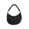 The Decorative Braided Handle Hobo Handbag is a black crescent-shaped faux leather bag with a zippered top and a thick braided handle adorned with chain links.