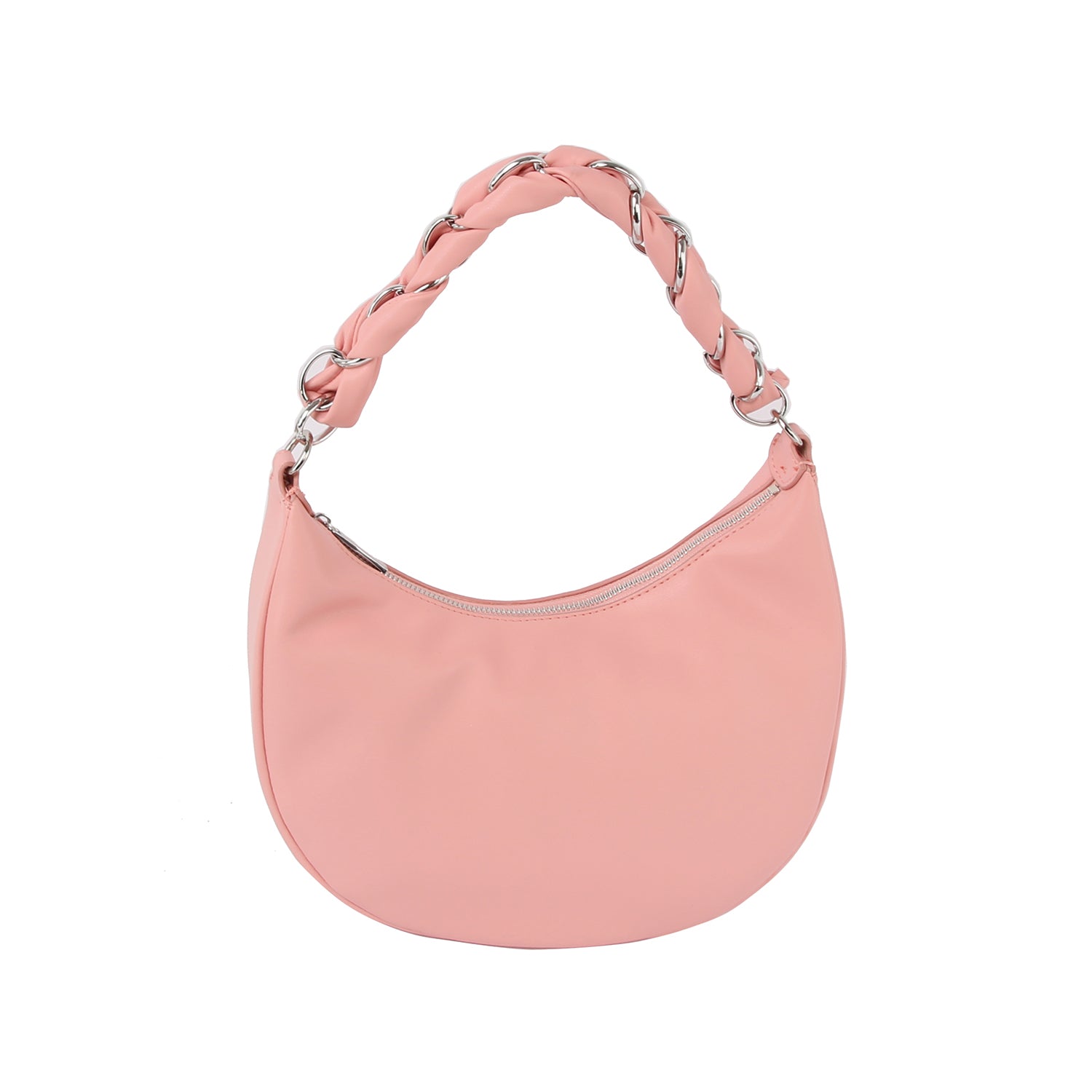 The Decorative Braided Handle Hobo Handbag is a pink crescent-shaped bag made of smooth faux leather, featuring a braided handle with silver chain links, a top zipper closure, and tablet-compatible storage.