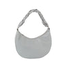 The Decorative Braided Handle Hobo Handbag features a light gray, crescent shape in faux leather with a braided handle and minimalist design, shown against a plain white background.
