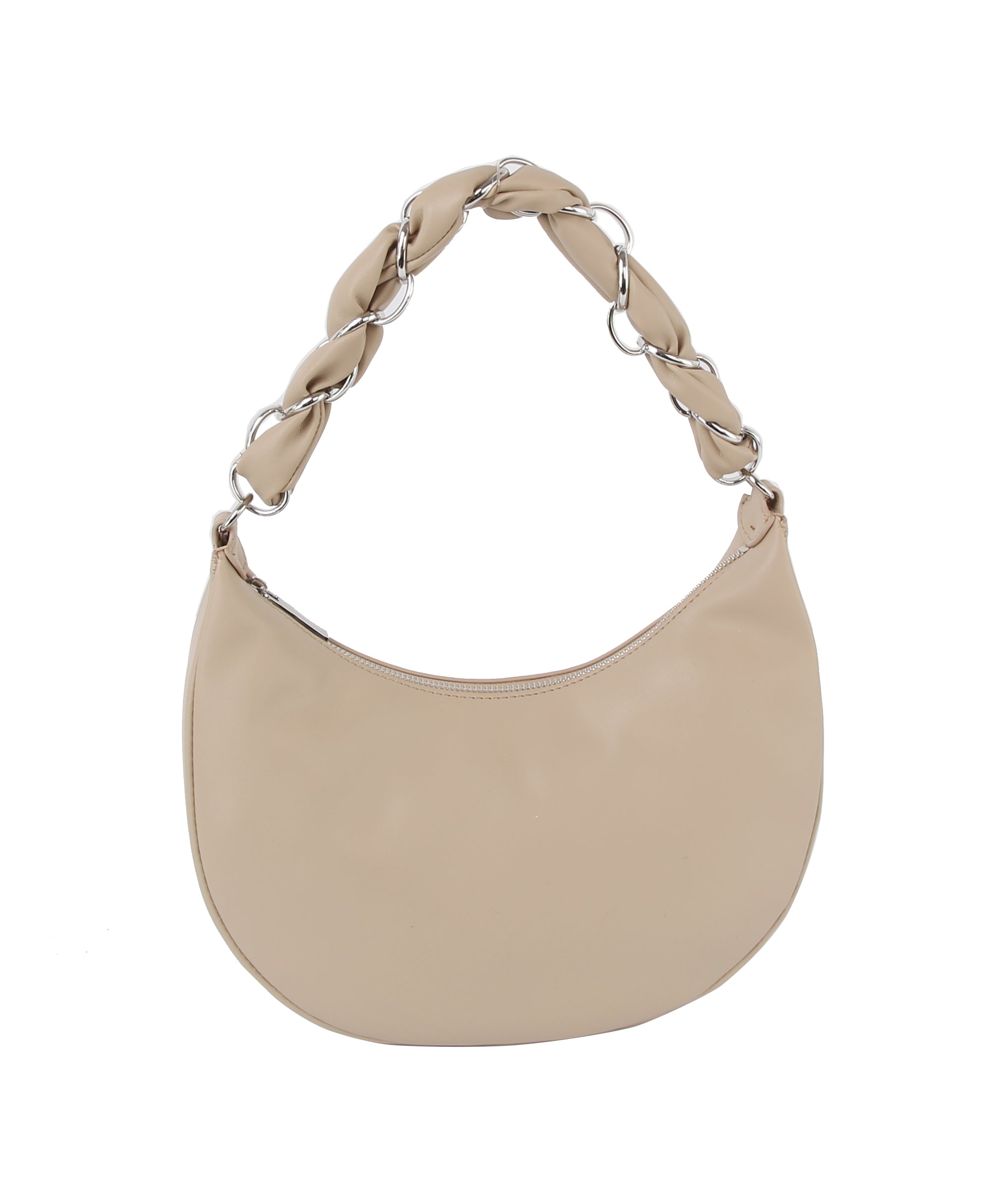 The Decorative Braided Handle Hobo Handbag is a beige, crescent-shaped bag in smooth faux leather with a chunky braided handle, large silver chain links, and a detachable strap for versatile styling. Minimalist and stylish.