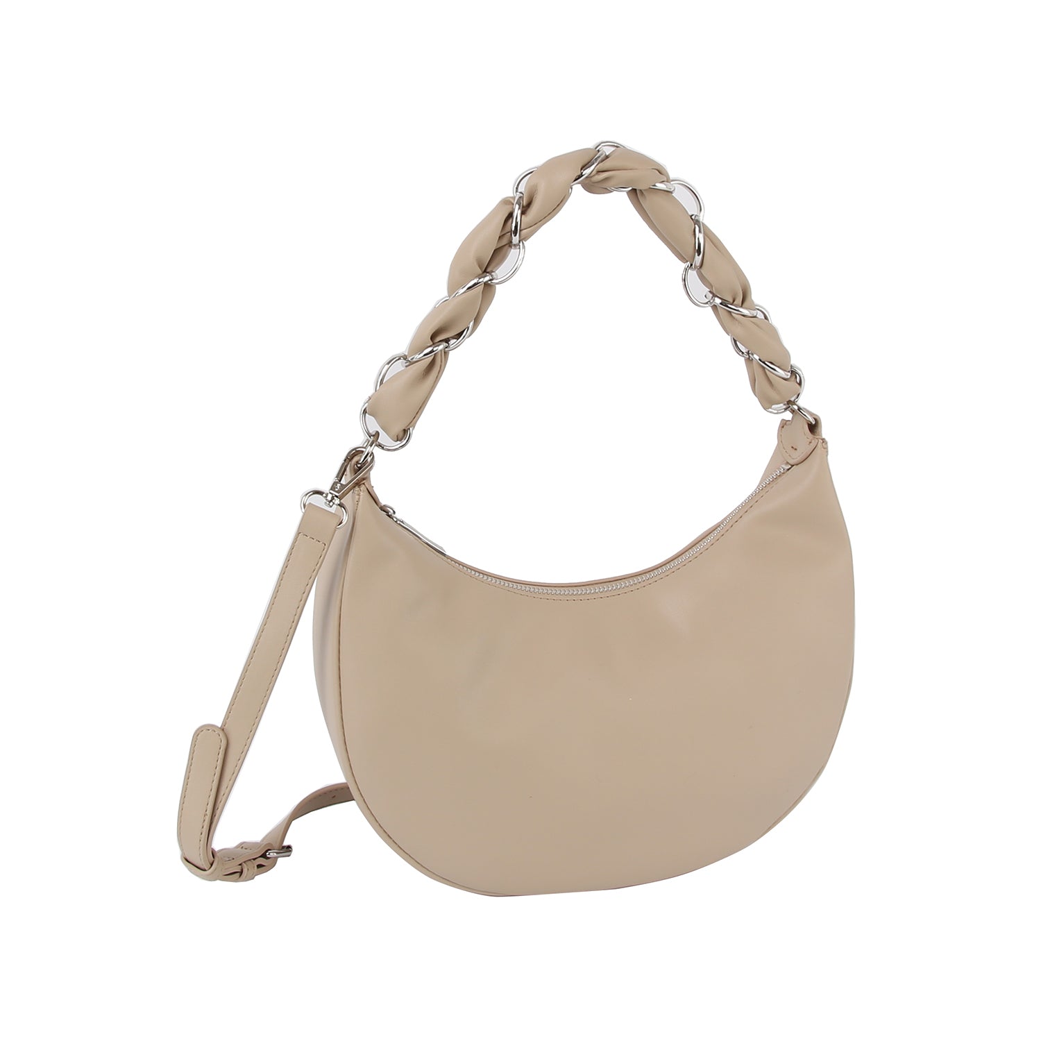 The Decorative Braided Handle Hobo Handbag is a beige crescent-shaped faux leather bag with a chunky braided handle, large silver rings, and an adjustable, detachable strap, shown on a white background.