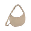 The Decorative Braided Handle Hobo Handbag is a beige crescent-shaped faux leather bag with a chunky braided handle, large silver rings, and an adjustable, detachable strap, shown on a white background.