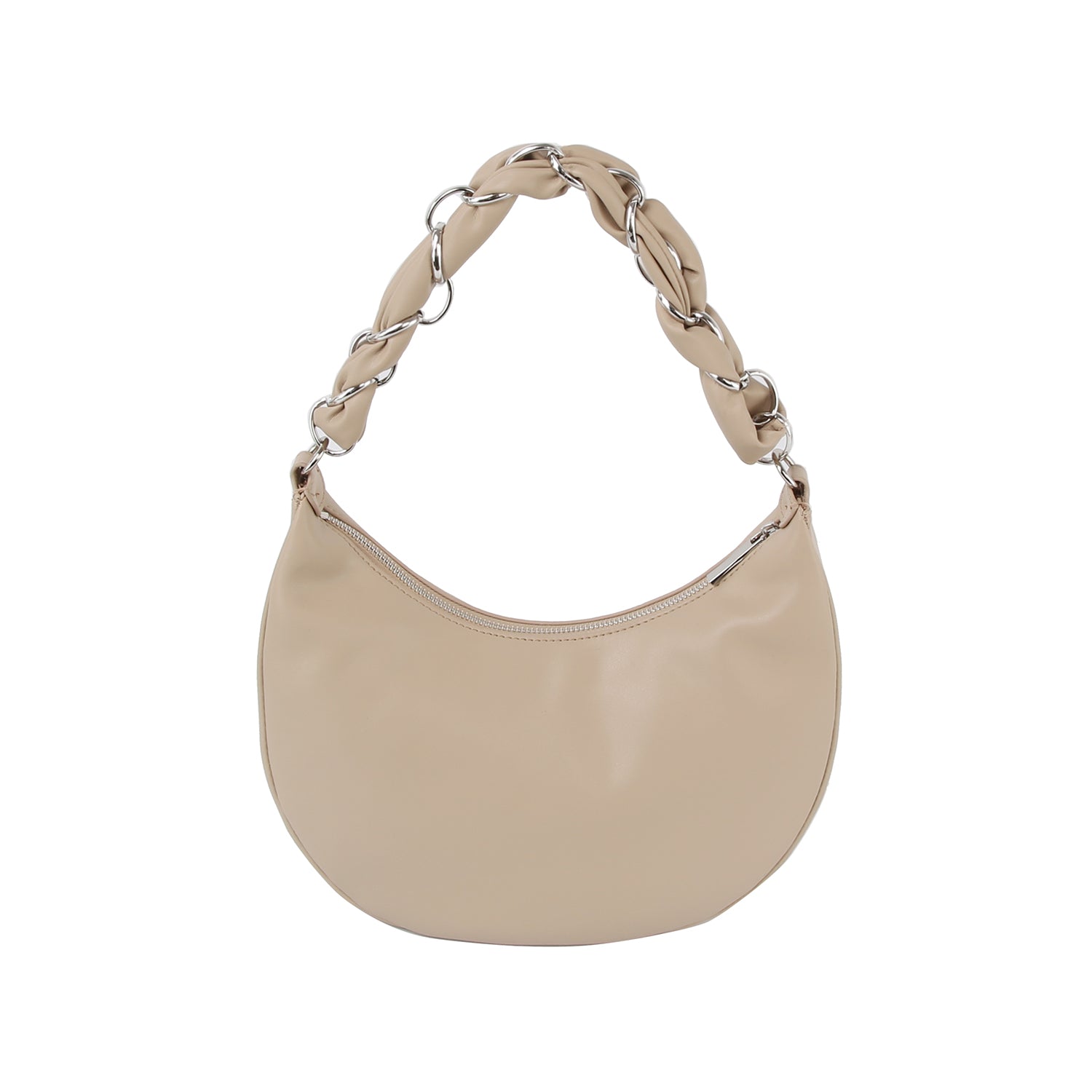 The Decorative Braided Handle Hobo Handbag is a beige, crescent-shaped faux leather bag with a chunky braided strap and large silver chain links, shown against a white background.